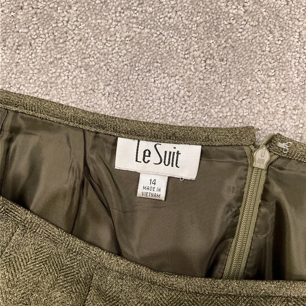 Le Suit Skirt Set Women 14 Olive Green Herringbone‎ Minimalist Career Structured
